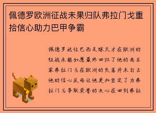 佩德罗欧洲征战未果归队弗拉门戈重拾信心助力巴甲争霸