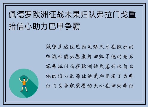 佩德罗欧洲征战未果归队弗拉门戈重拾信心助力巴甲争霸